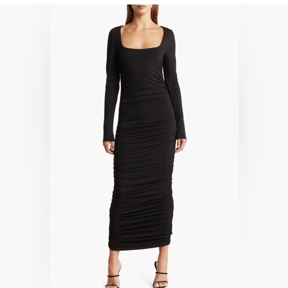 Good American Ruched Long Sleeve Maxi Dress black large